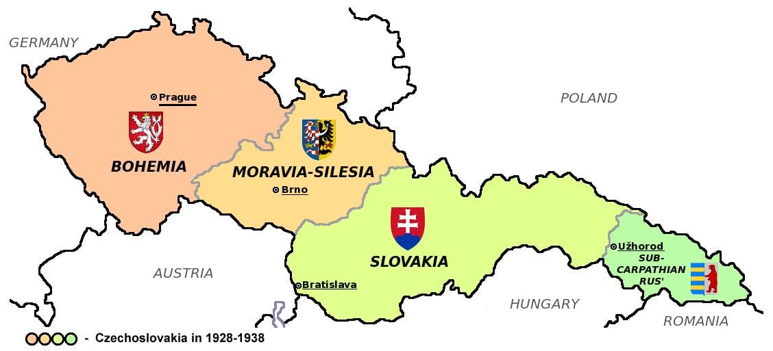 mapa da Tchecoslováquia em 1938