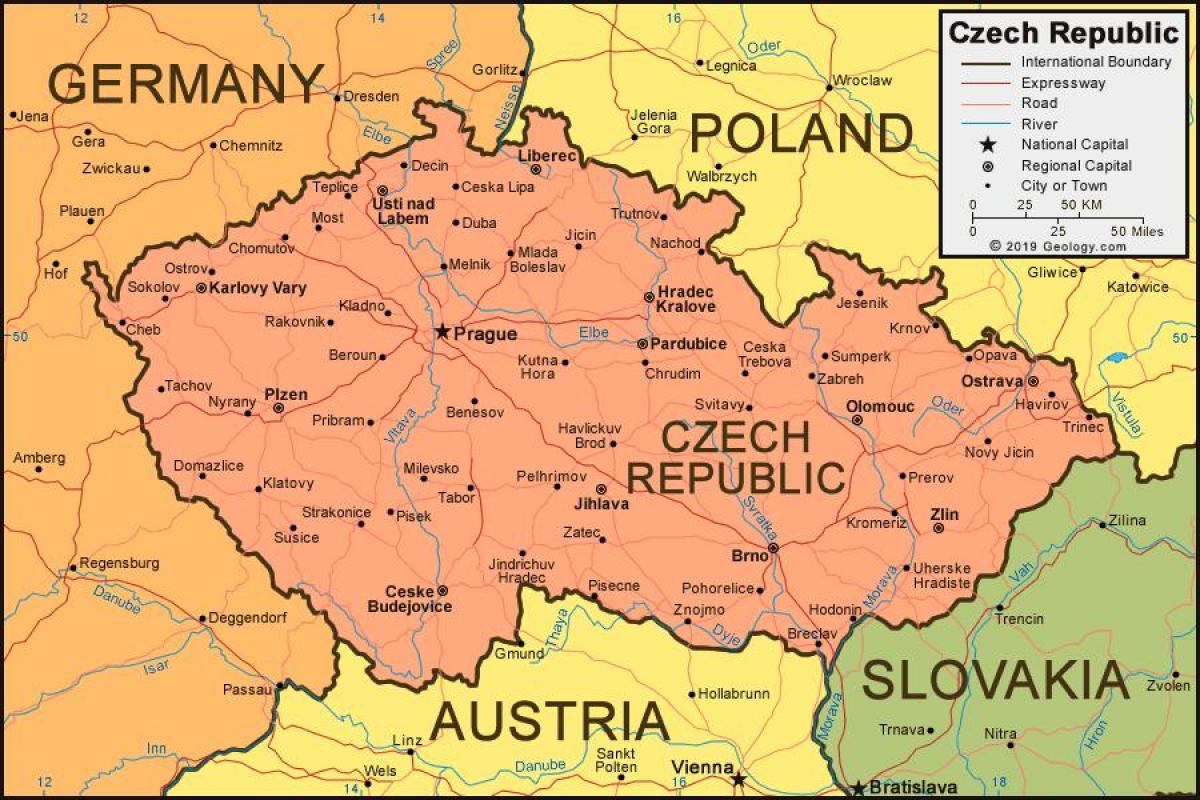 mapa da república tcheca e países vizinhos